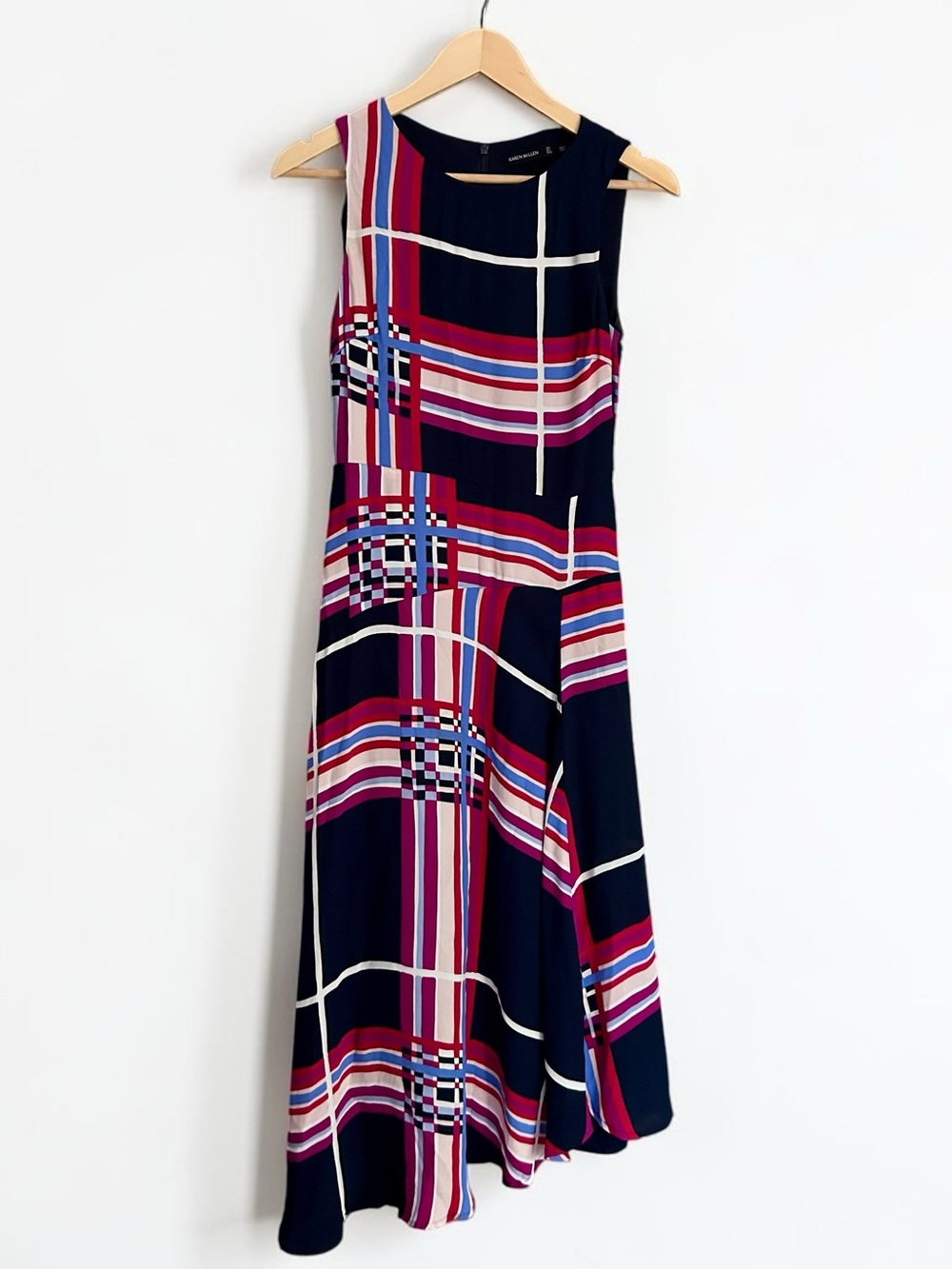 Karen Millen Geometric Plaid Fit & Flare Handkerchief Hem Midi Dress US 4 - Picture 2 of 10